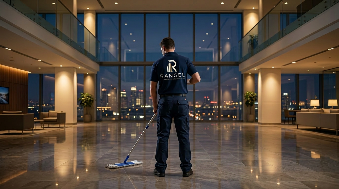 Professional commercial cleaner wiping a glass office wall with microfiber cloth and spray bottle